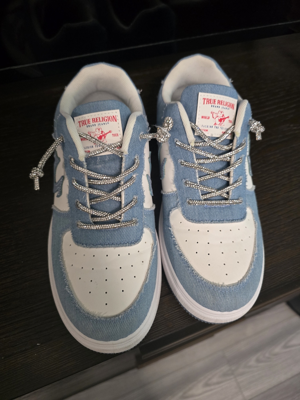 True Religion Blue and White Low-Top Sneakers W/ Glitter Laces